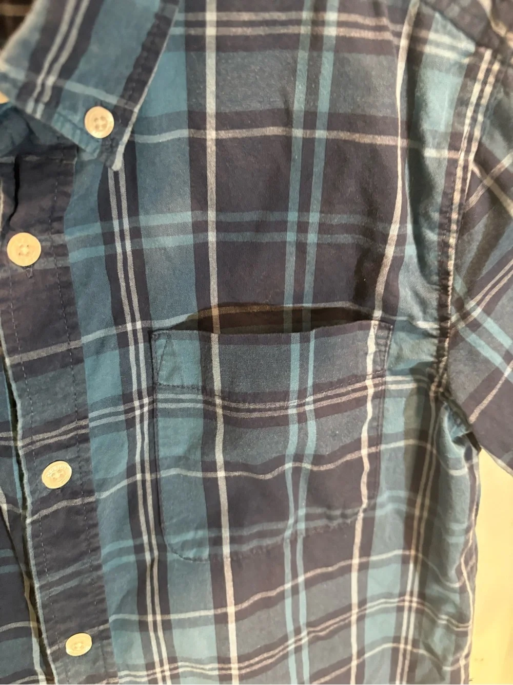 Old Navy Navy and Light Blue Plaid Short Sleeve Button-Down Shirt